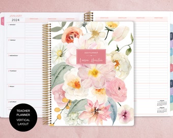 PLANIFICATEUR ENSEIGNANT VERTICAL | planificateur d’enseignant 8.5x11 | Calendrier des plans de cours 2024-2025 | planbook personnalisé pour l’enseignant | fleurs séduisantes rougir