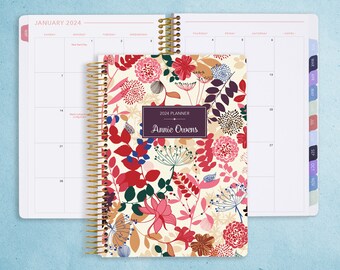 MONTHLY PLANNER notebook | 2024 2025 no weekly view | choose your start month | 12 month calendar monthly tabs | purple pink floral