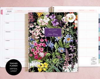 VERTICAL TEACHER PLANNER | teacher planner 8.5x11 | 2024-2025 lesson plan calendar | personalized teacher planbook | colorful florals black