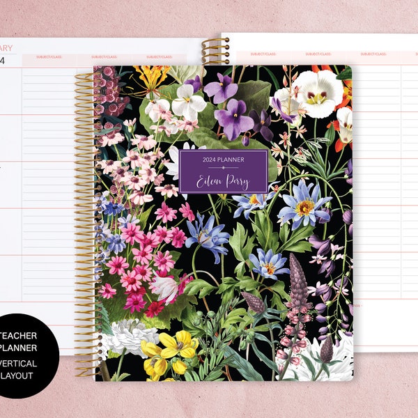 VERTICAL TEACHER PLANNER | teacher planner 8.5x11 | 2024-2025 lesson plan calendar | personalized teacher planbook | colorful florals black