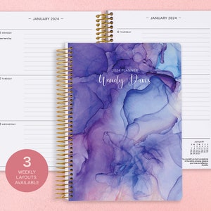 6x9 Personalized Planner 2024 - 12 Month Calendar - Weekly Planner 2024-2025 - Custom Agenda - Gifts for Mom - Purple Blue Flowing Ink