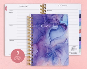 6x9 Personalized Planner 2024 - 12 Month Calendar - Weekly Planner 2024-2025 - Custom Agenda - Gifts for Mom - Purple Blue Flowing Ink