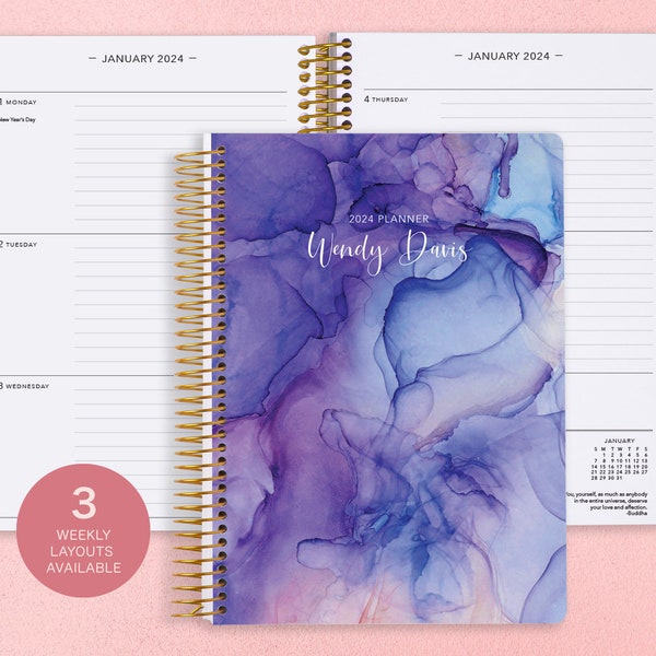 6x9 Personalized Planner 2024 - 12 Month Calendar - Weekly Planner 2024-2025 - Custom Agenda - Gifts for Mom - Purple Blue Flowing Ink