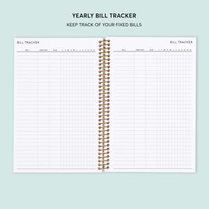 May include: A white, spiral bound notebook with a grid pattern on the pages. The cover has the text "Yearly Bill Tracker" and "Keep track of your fixed bills".