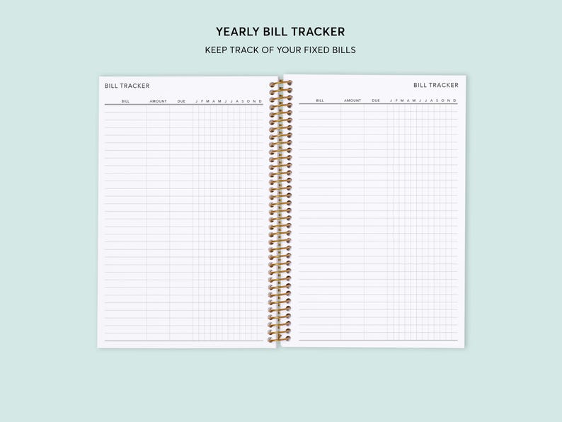 May include: A white, spiral bound notebook with a grid pattern on the pages. The cover has the text "Yearly Bill Tracker" and "Keep track of your fixed bills".