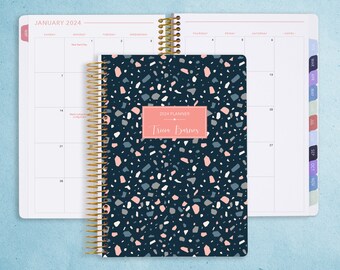 MONTHLY PLANNER notebook | 2023  personalized 6x9 planner | no weekly view | choose your start month | 12 month calendar | navy terrazzo