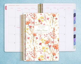 MONTHLY PLANNER notebook | 2024 2025 no weekly view | choose your start month | 12 month calendar | field flowers pink