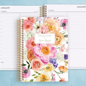 2024 daily planner personalized | 6 month daily planner | 6x9 appointment book | hourly planner | flirty florals colorful