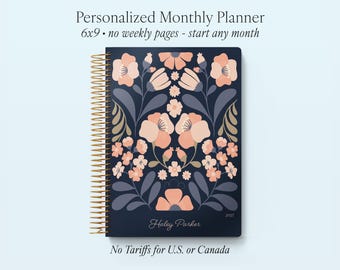 MONTHLY PLANNER notebook | personalized 6x9 planner | 2026 2027 no weekly view | Secret Garden Blush & Dusk