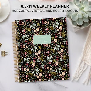 May include: A black and white floral patterned weekly planner with gold spiral binding. The planner is 8.5x11 inches and has a label that says "Weekly Planner" and "Jill Madison".