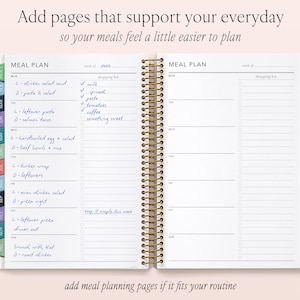 a spiral-bound notebook with a meal planning page, featuring a list of meal ideas and a shopping list. The text encourages adding pages that support everyday meals to make meal planning easier.