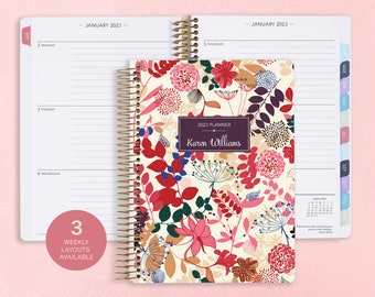 personalized planner 2023 | 12 month calendar | weekly planner 2023-2024 | custom agenda | gifts for mom | purple pink floral pattern