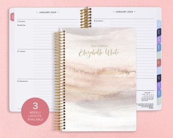 Personalized Planner 2024 - 12 Month Calendar - 6x9 Weekly Planner 2024-2025 - Custom Agenda - Graduation Mom - Neutral Watercolor Gradient