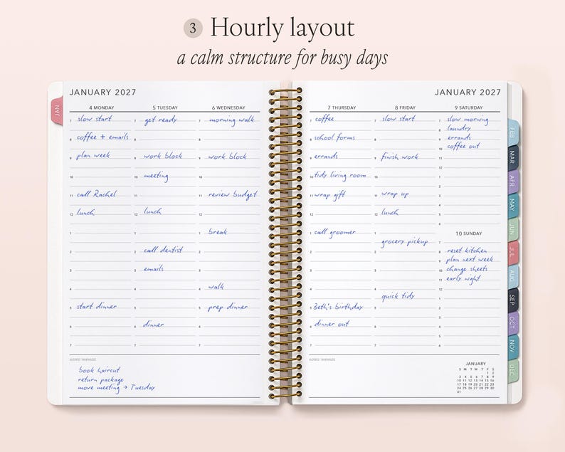 a spiral-bound notebook with a detailed hourly layout for a week in January, providing a calm structure for busy days.