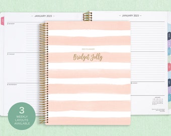 8.5x11 weekly planner  2024 2025 | choose your start month | 12 month calendar | LARGE WEEKLY PLANNER | pink watercolor stripes