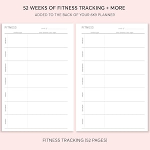 May include: Two-page spread from a fitness planner with a light pink background. The left page is labeled "Fitness" with space for tracking exercise type, duration, and calories. The right page mirrors the left. Text at the top reads "52 Weeks of Fitness Tracking + More".