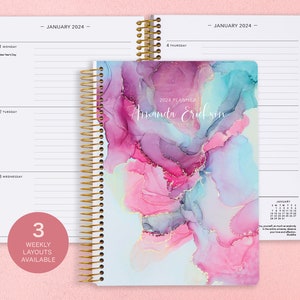 Personalized Planner 2024-2025 Calendar - Add Monthly Tabs Custom 6x9 Weekly Student Planner - Planner Agenda - Pink Blue Abstract Ink