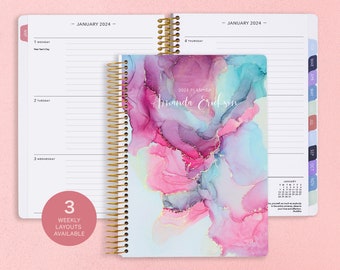 Personalized Planner 2024-2025 Calendar - Add Monthly Tabs Custom 6x9 Weekly Student Planner - Planner Agenda - Pink Blue Abstract Ink