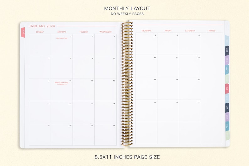 8.5x11 MONTHLY PLANNER Notebook 2024 2025 No Weekly View Choose Your Start Month 12 Month Calendar Abstract Florals Multicolor image 2