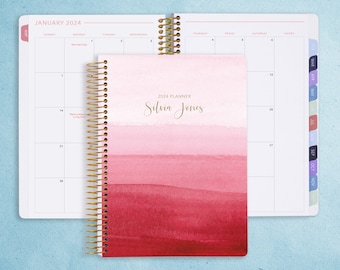 MONTHLY PLANNER | 2024 2025 no weekly view | choose your start month | 12 month calendar monthly tabs personalized | pink watercolor ombré