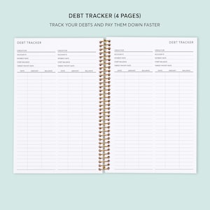 May include: A white debt tracker notebook with a gold spiral binding. The cover has the text "Debt Tracker (4 Pages)" and "Track your debts and pay them down faster".