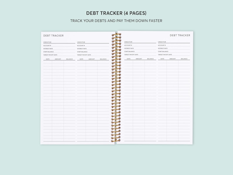 May include: A white debt tracker notebook with a gold spiral binding. The cover has the text "Debt Tracker (4 Pages)" and "Track your debts and pay them down faster".