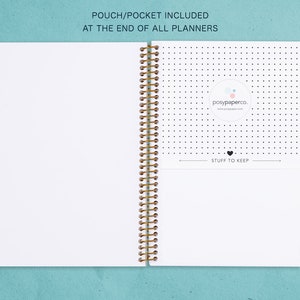 May include: A white spiral bound planner with a gold coil. The back cover has a dotted pattern and a small circle with the text "posypaperco." and a website address. The text "STUFF TO KEEP" is written below the circle.