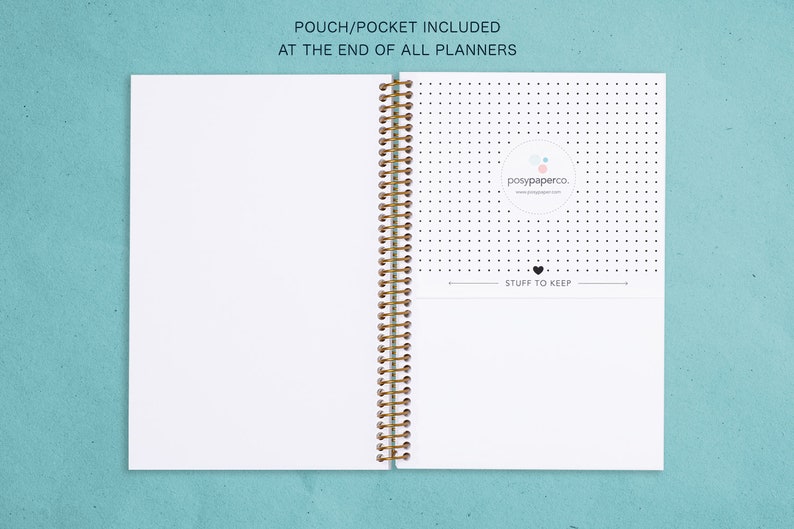 May include: A white spiral bound planner with a gold coil. The back cover has a dotted pattern and a small circle with the text "posypaperco." and a website address. The text "STUFF TO KEEP" is written below the circle.