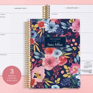 2025 Weekly Planner 6x9 - 12 Month Calendar - Student Planner - Personalized Planner - Navy Blue Pink Watercolor Floral
