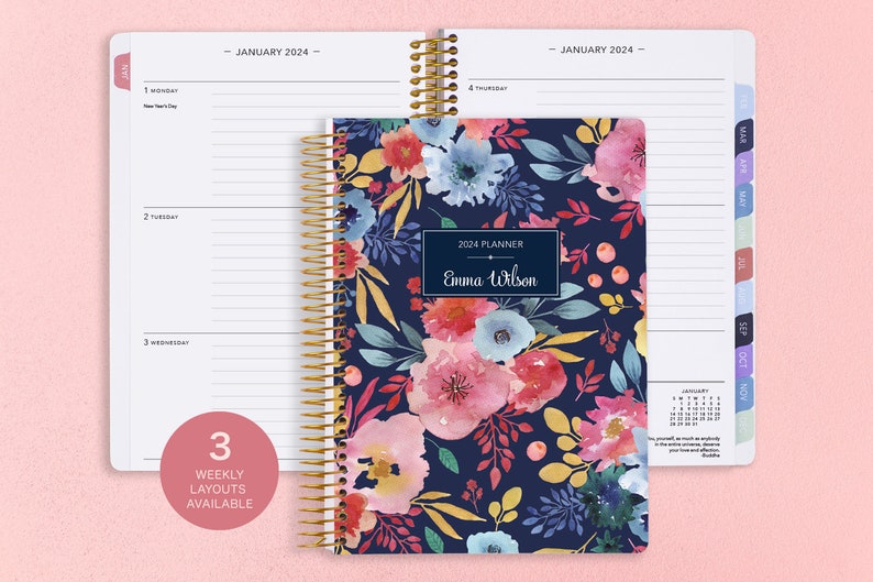 2025 Weekly Planner 6x9 12 Month Calendar Student Planner Personalized Planner Navy Blue Pink Watercolor Floral image 1