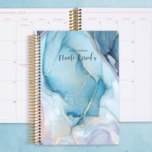 2025 MONTHLY PLANNER 6x9 | 2024 2025 no weekly view | choose your start month | 12 month personalized planner | aqua gold abstract ink