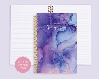 personalized NOTEBOOK | dot journal | travel journal | dot grid notebook | lined | spiral notebook | purple blue flowing ink