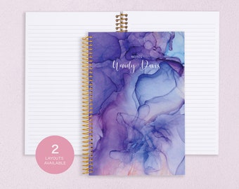 personalized NOTEBOOK | dot journal | travel journal | dot grid notebook | lined | spiral notebook | purple blue flowing ink