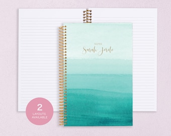 dot journal NOTEBOOK | personalized lined notebook | travel journal | dot grid notebook | personalized gift | teal watercolor ombré