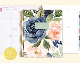 8.5x11 MONTHLY PLANNER notebook | 2024 2025 no weekly view | choose your start month | 12 month calendar | navy blush roses