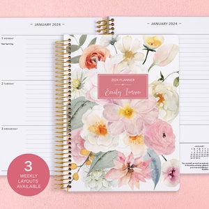 Personalized Weekly Planner 2024 12 Month Calendar 6x9 Weekly Planner 2024-2025 Custom Agenda Flirty Florals Blush image 1