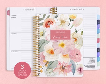 Personalized Weekly Planner 2024 - 12 Month Calendar - 6x9 Weekly Planner 2024-2025 - Custom Agenda - Flirty Florals Blush