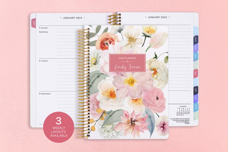 Personalized Weekly Planner 2024 12 Month Calendar 6x9 Weekly Planner 2024-2025 Custom Agenda Flirty Florals Blush image 1