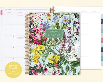 8.5x11 MONTHLY PLANNER notebook | 2024 2025 no weekly view | choose your start month | 12 month calendar | colorful florals green