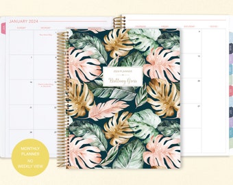 8.5x11 MONTHLY PLANNER notebook | 2024 2025 no weekly view | choose your start month | 12 month calendar | dark green blush gold tropical