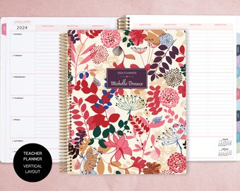 AGENDA VERTICAL POUR L'ENSEIGNANT | agenda pour enseignants 8,5 x 11 | Plan de cours 2024-2025 | agenda personnalisé pour professeur | floral rose violet