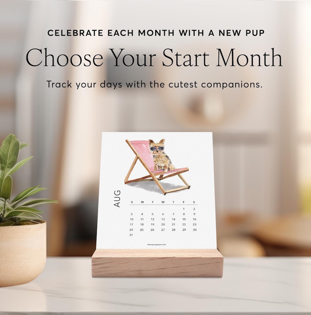 2025 Dog Desk Calendar With Wood Stand | Monthly Desktop Calendar ...