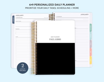 2025 DAILY PLANNER Personalized - 6 Month Daily Planner - 6x9 Appointment Book - Hourly Planner - White Black Color Block