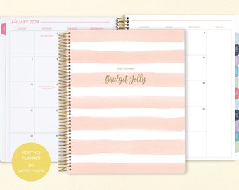 8.5x11 MONTHLY PLANNER notebook | 2024 2025 no weekly view | choose your start month | 12 month calendar | pink watercolor stripes