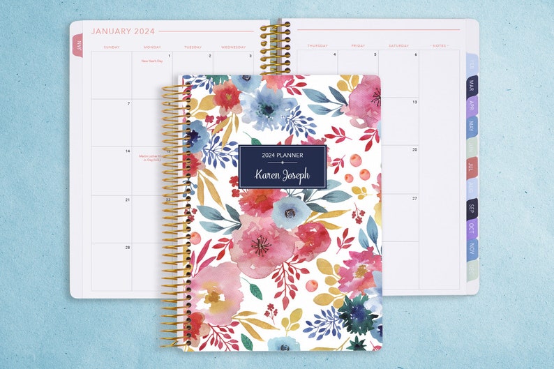 MONTHLY PLANNER 2024 2025 no weekly view choose your start month 12 month calendar monthly tabs pink blue white watercolor floral image 1