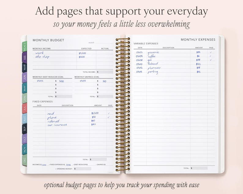 The image is a spiral-bound notebook with a Monthly Budget page, which includes a Monthly Expenses page. The notebook is open and appears to be filled with various expenses and income details, such as rent, groceries, utilities, and other miscellaneous costs. The notebook also includes a Monthly Savings Goal page, which shows the amount of money that should be saved each month. The notebook is designed to help users track their spending and manage their finances more effectively.