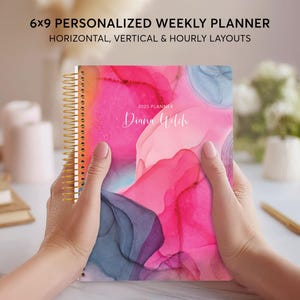 6x9 Personalized Planner 2025-2026 Calendar - Add Monthly Tabs Custom Weekly Planner - Planner Agenda - Bright Pink Gray Flowing Ink