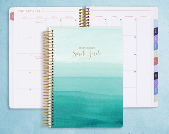 MONTHLY PLANNER | 2024 2025 no weekly view | choose your start month | 12 month calendar monthly tabs personalized | teal watercolor ombré