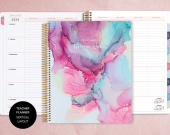 VERTICAL TEACHER PLANNER | teacher planner 8.5x11 | 2024-2025 lesson plan calendar | personalized teacher planbook | pink blue abstract ink