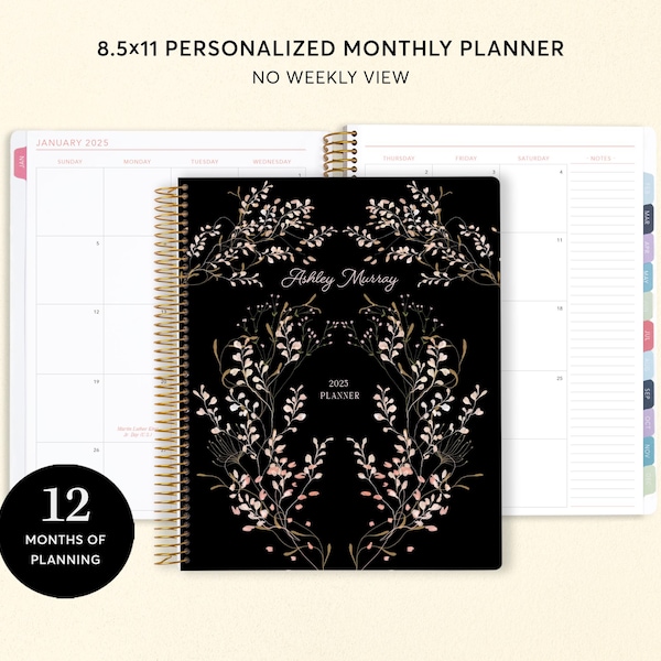 8.5x11 MONTHLY PLANNER notebook | 2026 2027 no weekly view | choose your start month | 12 month calendar | Flower Frame Pink | No Tariffs